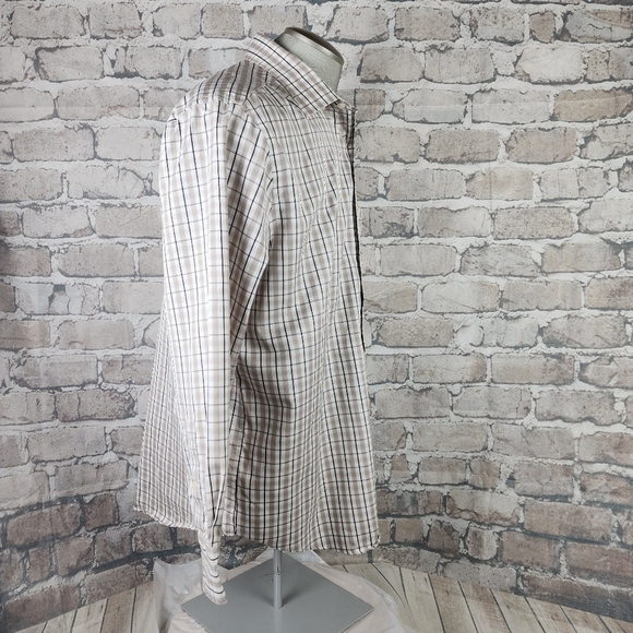 Michael Michael Kors Button Front Dress Shirt Plaid Tan Black White Size 17 1/2 - Picture 12 of 12